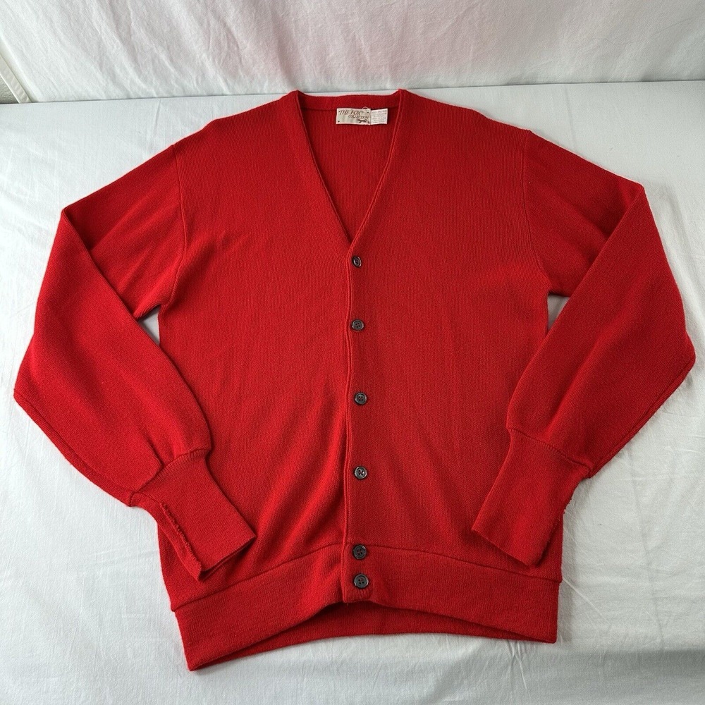 Vintage Sweater Mens Large 42-44 Red Grandpa Cardigan 50s 60s Button USA Acrylic